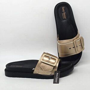 Henry Ferrera Gold Buckle Faux Leather Slip on Slide Sandal Women's Size 8